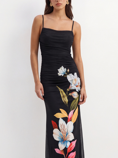 CAJUNI Vestido largo de jersey y malla con flores pintadas y hombro asimétrico, estilo chic de vacaciones