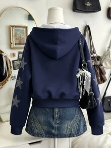 SHEIN 青少年女孩休閒數位印花星星圖案連帽夾克長袖拉鍊運動衫海軍藍外套口袋款秋冬外衣 - 藍色 - 查看 2