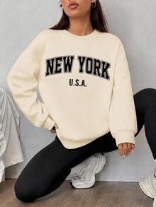 SHEIN EZwear 寬鬆圓領運動衫與緊身內搭褲2件套，紐約英文印花圖案 - 杏色 - 查看 3