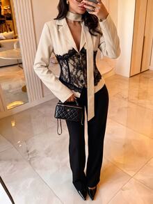 Lumalex Women's Elegant Commute Black & White Color Block Black Lace Design Blazer Jacket, Autumn Style,Teacher - Apricot - View 11