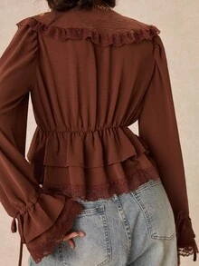 Easelle Women's Floral Embroidery Patchwork Ruffle Front Tie Fashion Flare Sleeve Blouse Bohemian Brown Autumn/Winter Ruffle Vintage - Coffee Brown - View 2