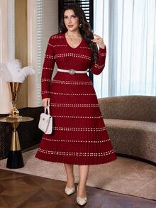 Modelyn Plus Size Women's Colorblock Casual Everyday Knit Dress - Burgundy - View 1