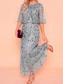 Amorya Women's Elegant Party Sequin Embroidered Mesh Mid-Length Dress - Light Grey - View 10