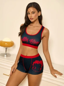 Betty Boop x SHEIN Women's Letter Print Casual Tank Top Lingerie Set - Black - View 6