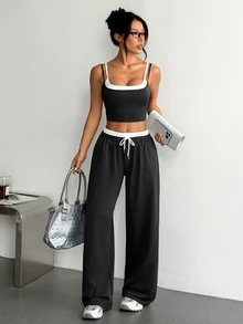 SHEIN With My Calm 2pcs Dark Grey White Contrast Outfit Set, Adjustable Spaghetti Strap Cami Top & Side Pocket Wide Leg Pants, Drawstring Waist, For Fitness Daily Summer - Dark Grey - View 3