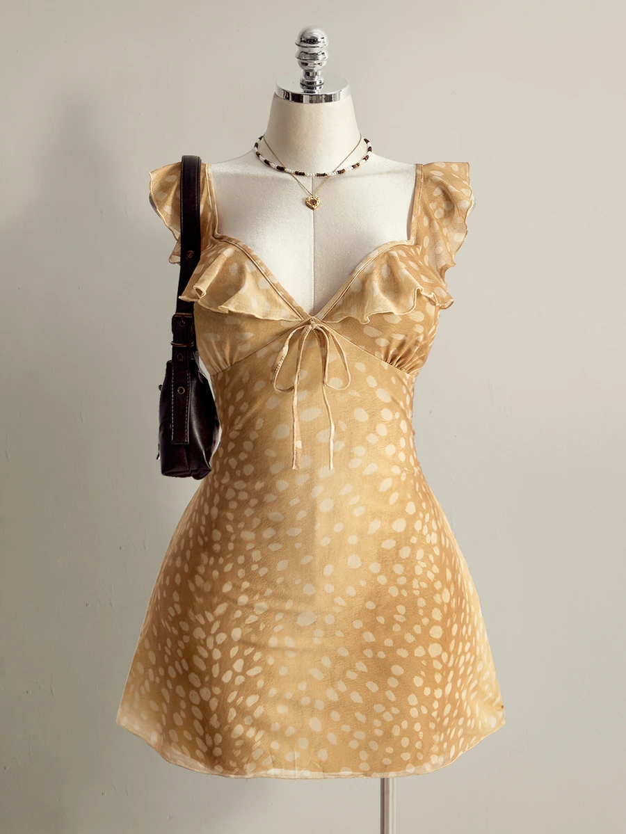 SHEIN ICON Women's Plus Size Deer Print Ruffle Hem Dress - Brown - View 1