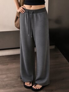 DAZY Women's Drawstring Waist Striped Loose Lounge Pants - Grey - View 1