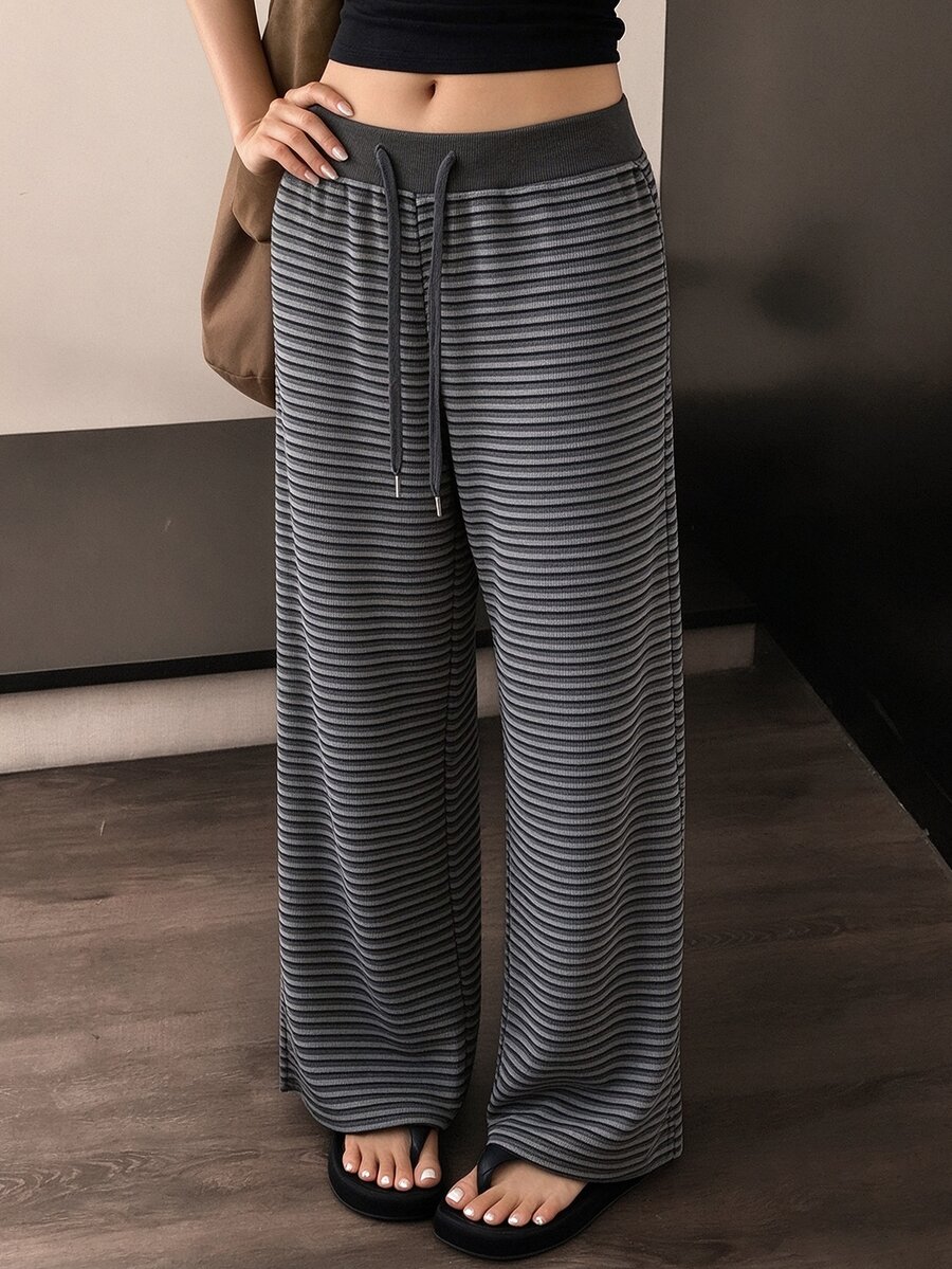 DAZY Women's Drawstring Waist Striped Loose Lounge Pants - Grey - View 1