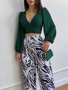 Elenzga 女款優雅長袖襯衫，燈籠袖與領結設計，秋季女裝 - 墨綠色 - 查看 4
