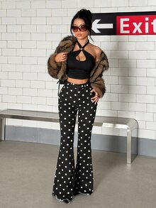 Jeanoix 女款波點高腰口袋喇叭牛仔褲 - 黑與白 - 查看 7