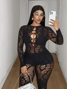 Maweii Plus Size Women's Mesh Patchwork Sexy Casual Tight Jumpsuit - Black - View 2