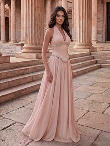 Coutiva Women's Pearl Chiffon Patchwork Wedding Rehearsal Dinner Bridal Getting Ready Dress With Rhinestone Strip Front Panel, Formal Gown Winter Elegant - Dusty Pink - View 4