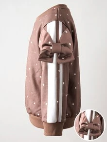 SHEIN 少女休閒簡約甜美可愛蝴蝶結裝飾波點印花長袖衛衣，時尚秋冬上衣 - 摩卡棕 - 查看 6