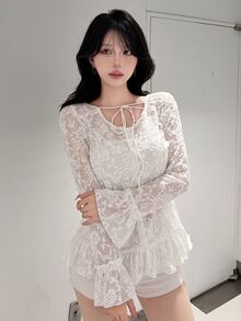 FRIFUL Women's Sweet Lace Ruffle Hem T-Shirt - White - View 5