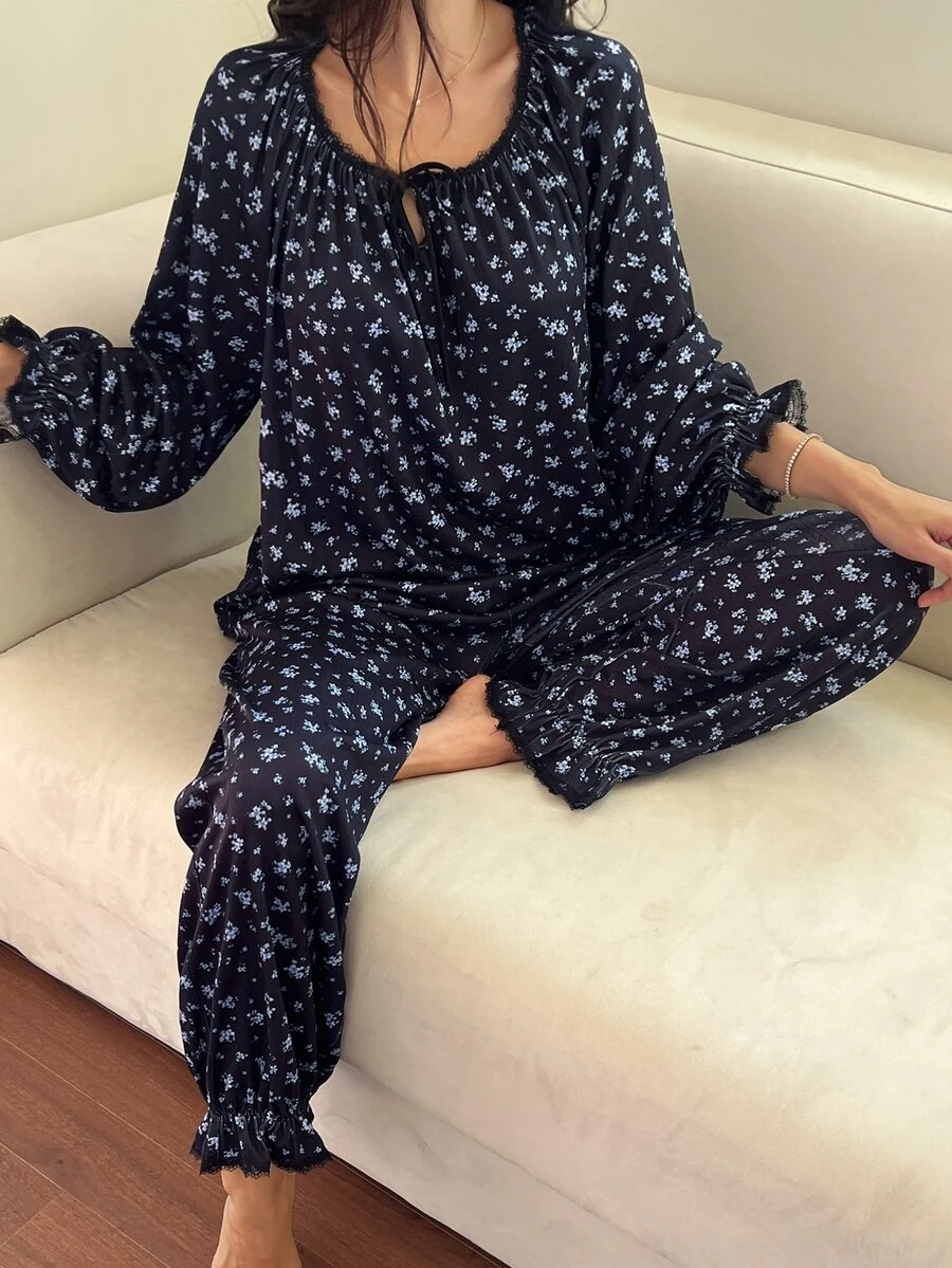 DAZY Women's Ditsy Floral Front Tie Long Sleeve Top And Pants Pajama Set - Beige - View 1
