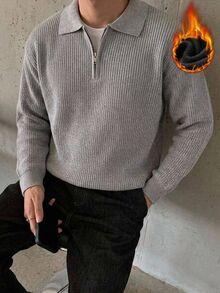 Manfinity Homme 男士純色休閒百搭日常穿著長袖針織衫，溫馨家庭氛圍親子情侶套裝，最佳節日禮物 - 灰色 - 查看 3