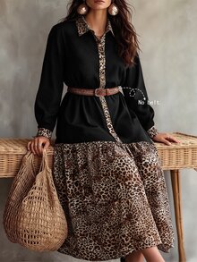 Linhara CURVE فستان طويل عصري للنساء بمقاسات كبيرة، كاجوال بسيط للخريف، بلون موحد مع رقعات بطبعة نمر، مناسب للارتداء اليومي - متعدد الألوان - مشاهدة 4
