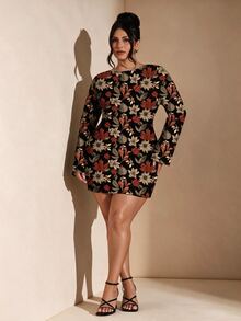 SHEIN BAE Plus Size Vintage Leaf Print Dress - Multicolor - View 1