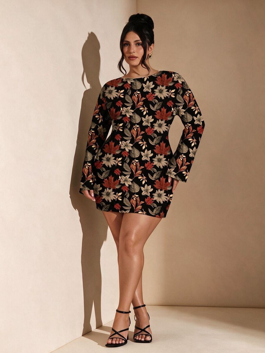 SHEIN BAE Plus Size Vintage Leaf Print Dress - Multicolor - View 1