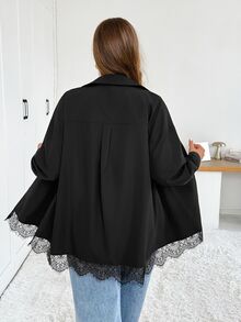 Shapeblank Women's Plus-Size Long-Sleeve Button-Down Shirt – Black, Loose & Comfortable, Featuring Lace-Trim Detailing – Stylish Casual Wear For Spring & Autumn - Black - View 3