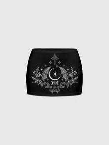 ROMWE Goth Women's Casual Versatile Sun Moon Star Pattern Mini Skirt - Black - View 1