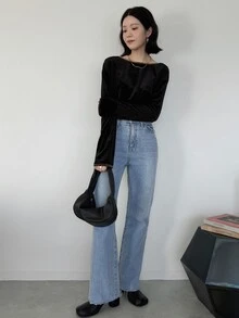 FRIFUL Women's French Style Flocked Long Sleeve Versatile T-Shirt - Black - View 8