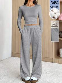 SHEIN Tall 女款純色圓領長袖T恤與長褲休閒兩件套居家日常淺灰色秋季 - 灰色 - 查看 2