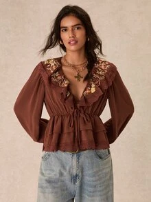 Easelle Women's Floral Embroidery Patchwork Ruffle Front Tie Fashion Flare Sleeve Blouse Bohemian Brown Autumn/Winter Ruffle Vintage - Coffee Brown - View 5
