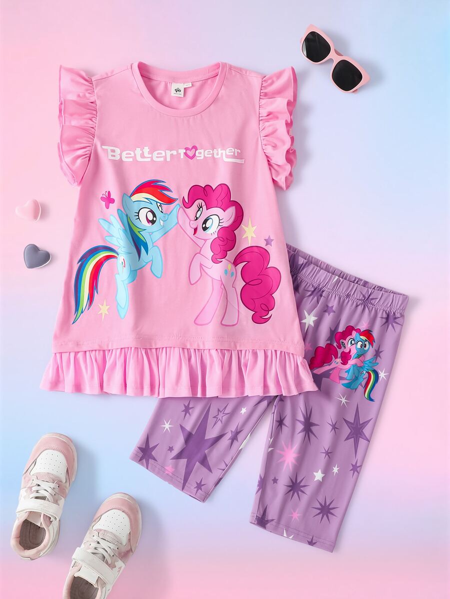 My Little Pony X SHEIN Tween Girl Letter Cartoon Print T-Shirt And Shorts Casual Daily Outfit Set - Pink - View 1
