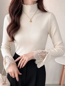 FRIFUL 女款純色高領長袖紋理布料蕾絲拼接修身休閒百搭T恤，秋冬款 - 米色 - 查看 4