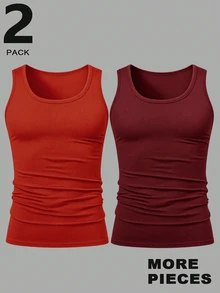 Manfinity Homme 2 Packs Men's Solid Color Round Neck Casual Versatile Tank Top, Holiday - Red - View 1