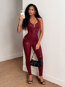 Mistrie Women Low Cut Halter Open Back Cutout Buckle Sexy Skinny Long Jumpsuit For Night Club Party - Burgundy - View 6