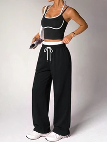 valorelle valorelle 2PCS Women's Fall Sports Set, Colorblock 2 In 1 Neckline Spaghetti Strap Halter Neck Sleeveless Top, Straight Leg Pants, Sporty Athleisure - Multicolor - View 3