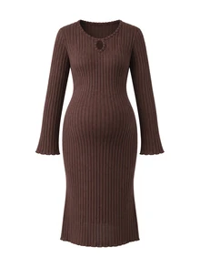 Moonlight&Mama Maternity Solid Color Casual Daily Home Wear Dress - Redwood - View 3
