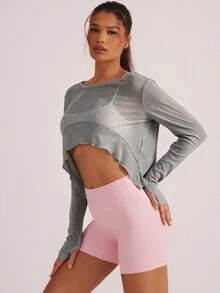 Activina 女款純色長袖休閒運動T恤與背心套裝，春夏白色，適合外出、健身、瑜伽、運動、休閒、網眼芭蕾日常穿搭 - 灰色 - 查看 3
