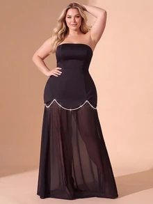 Cravure Plus Size Elegant Faux Pearl Decor Strapless Dress - Black - View 1