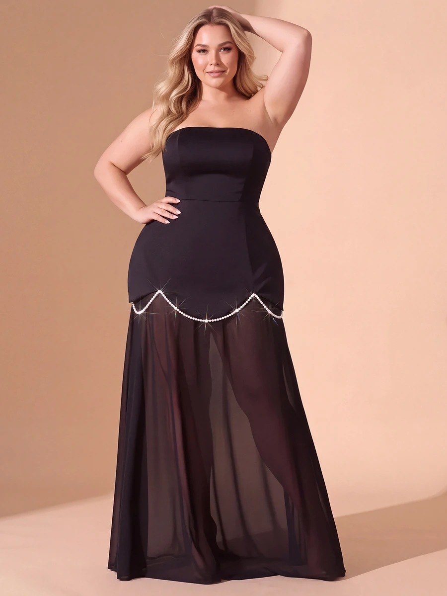 Cravure Plus Size Elegant Faux Pearl Decor Strapless Dress - Black - View 1