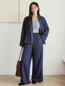 Dazy-Less Women's 2 Pieces Set: Blue Round Neck Long Sleeve Slim Fit Waist Top With High Waist Loose Wide Leg Pants, Autumn/Winter - Blue - View 3