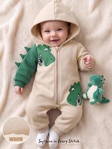 Cozy Pixies Baby Boy Casual Comfortable Daily Versatile Dinosaur Print Hooded Romper - Khaki - View 9