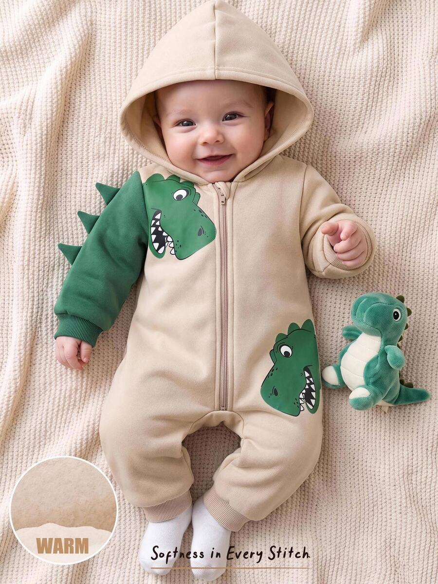 Cozy Pixies Baby Boy Casual Comfortable Daily Versatile Dinosaur Print Hooded Romper - Khaki - View 1