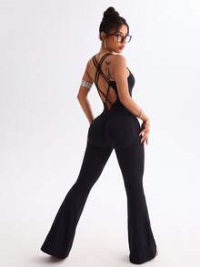 Slayform Women's Solid Color Criss-Cross Back Spaghetti Strap Flare Leg Jumpsuit - Black - View 4
