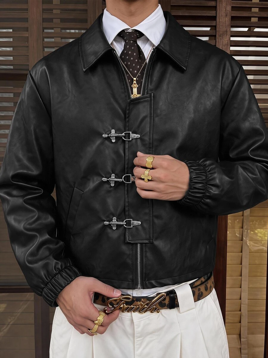 SWAVVY Men's Woven Fashion Casual Young PU Leather Slim Fit Long Sleeve Jacket - Black - View 1