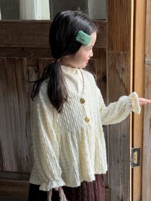 Dazy Kids Young Girl Textured V-Neck Button Design Long Sleeve Shirt - Beige - View 1
