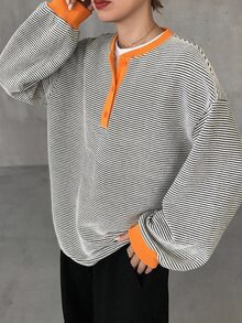FRIFUL 女款半開襟鈕扣長袖條紋休閒T恤，海軍藍與白色，適合秋季早午餐、外出、日常與夜生活 - 橘色 - 查看 7