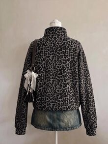 SHEIN EZwear 80%棉女款休閒寬鬆半拉鍊豹紋運動衫，2026秋冬女裝，休閒Y2K通勤穿搭，基礎款牛仔女郎復古開學外出校園風杏色系 - 彩色 - 查看 2