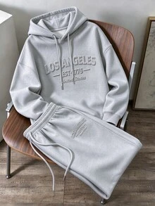Daypath Men's Letter Embossed Hoodie & Sweatpants 2 Pieces Set - Grey - View 4