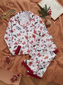 SHEIN 聖誕主題居家服，彩色聖誕元素印花，女童大童睡衣，長袖翻領開襟衫配長褲，休閒舒適兩件套 - 彩色 - 查看 1