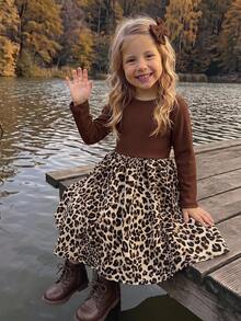 Young Girl Young Girl Knitted Solid Color Round Neck Patchwork Woven Leopard Print Hem Casual Dress - Red - View 2