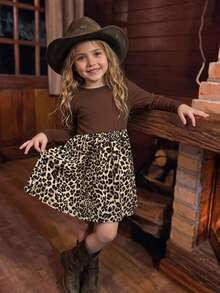 Young Girl Young Girl Knitted Solid Color Round Neck Patchwork Woven Leopard Print Hem Casual Dress - Red - View 7