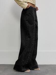 MUSERA Light Wash Studded Seam Button Fly Wide Leg Jeans Cute Daily Girly Sweet Mischief Fall Autumn - Black - View 3